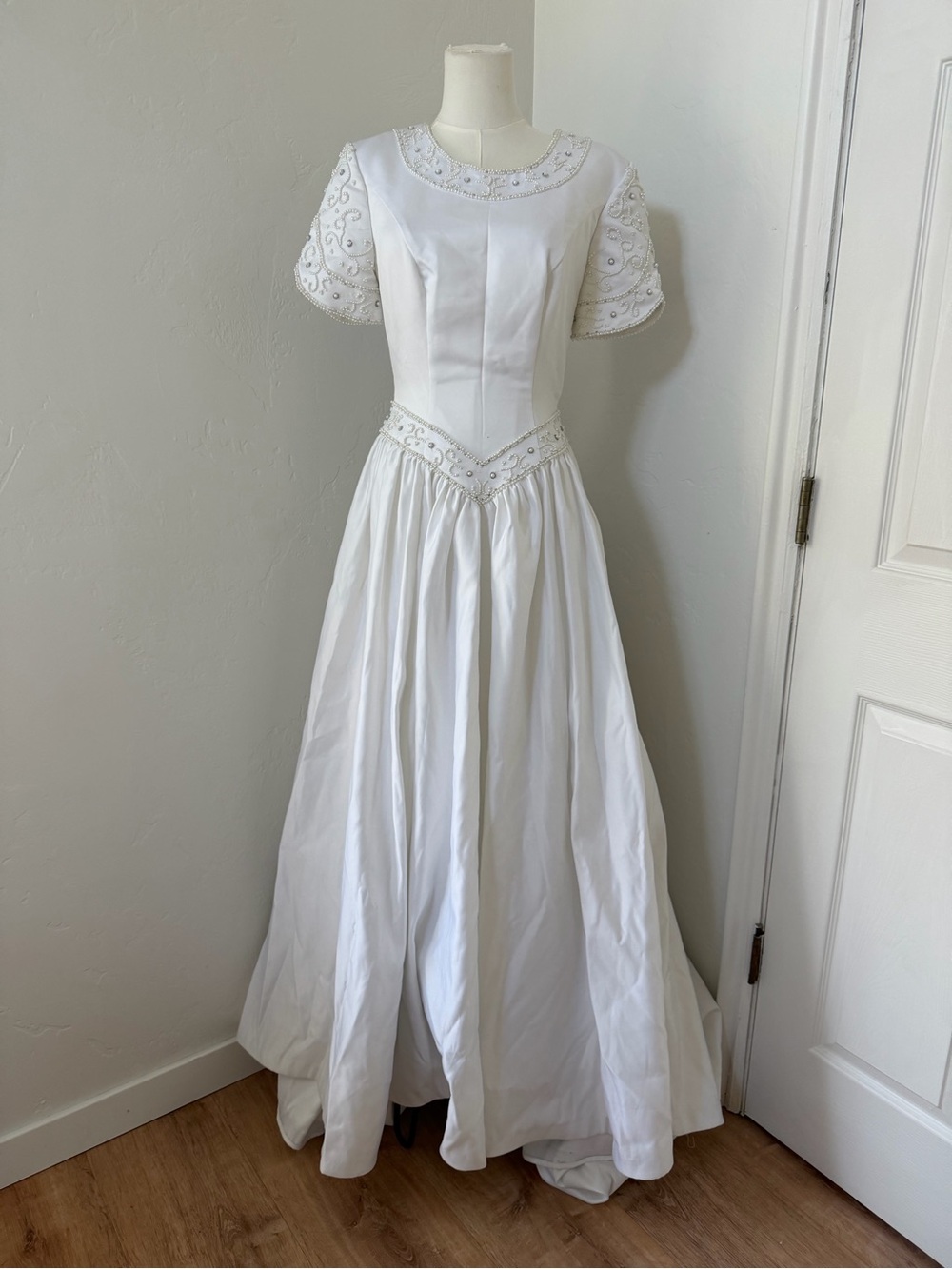 Classic White Beaded Short-Sleeve A-Line Wedding Dress